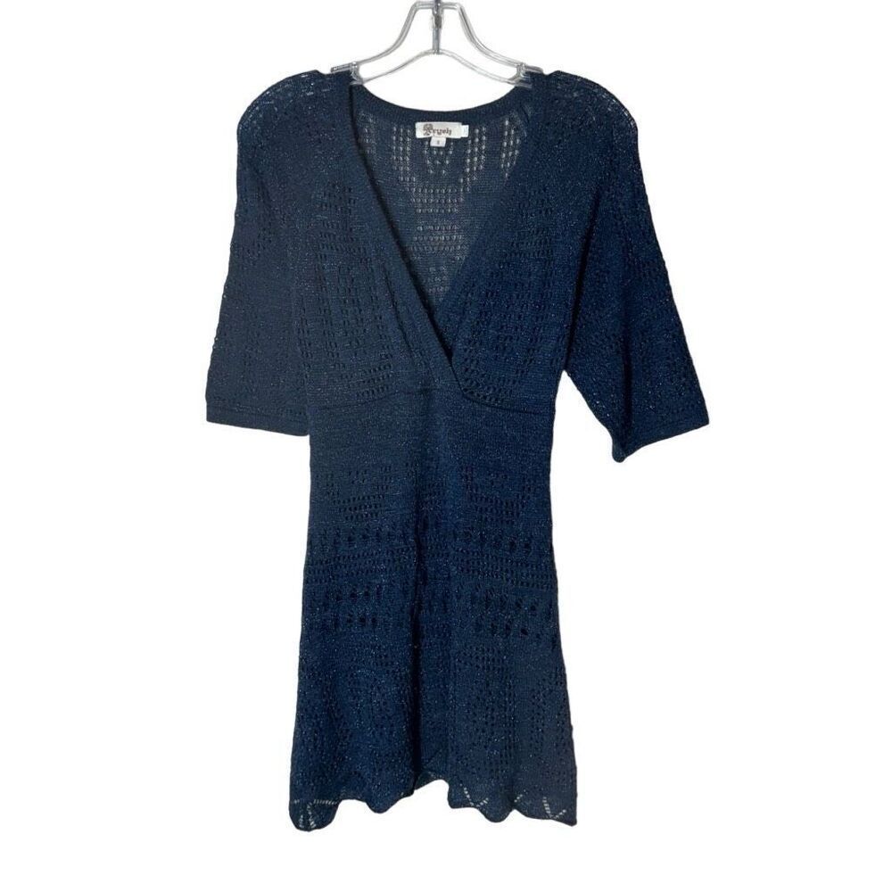 Aryeh Crochet Sweater Mini Dress Wool Blend Metallic Blue A-Line Size S